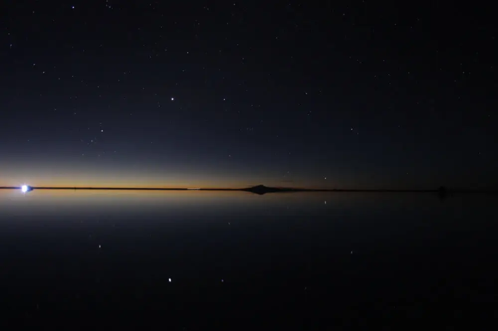 ウユニ塩湖の地平線に夜のとばりが下り、空が湖面に映る