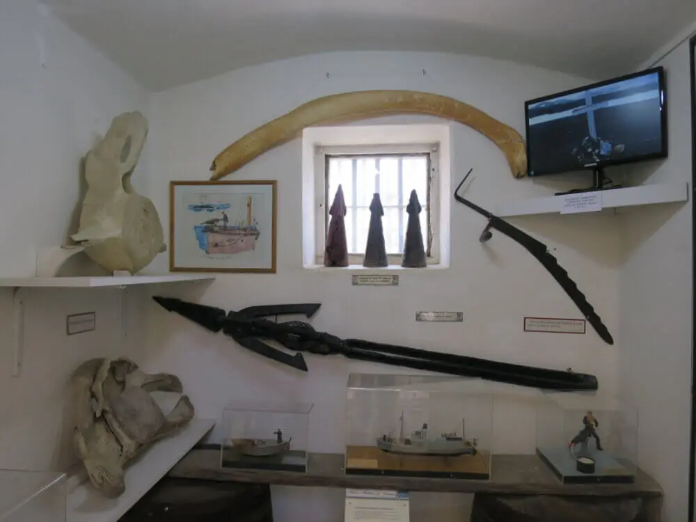 ウシュアイアの船舶博物館に展示された捕鯨道具と模型。