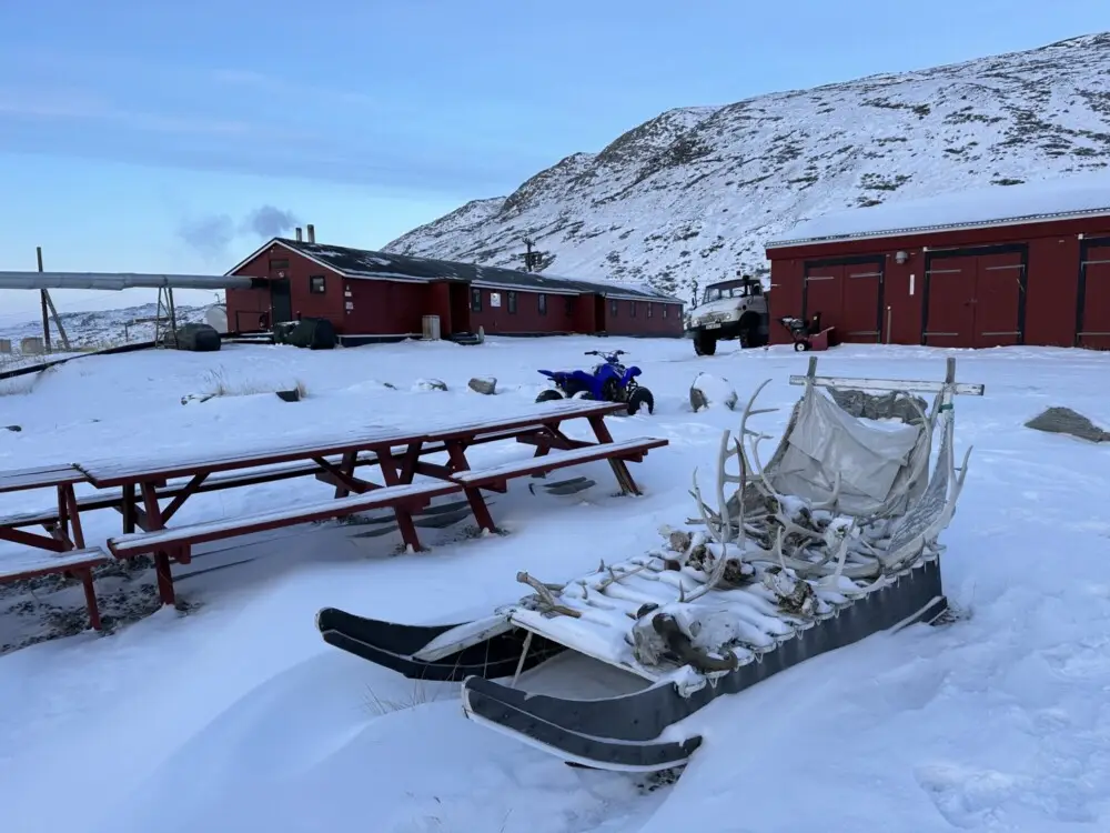 雪原に置かれた、トナカイの角で装飾された伝統的な犬ぞり。