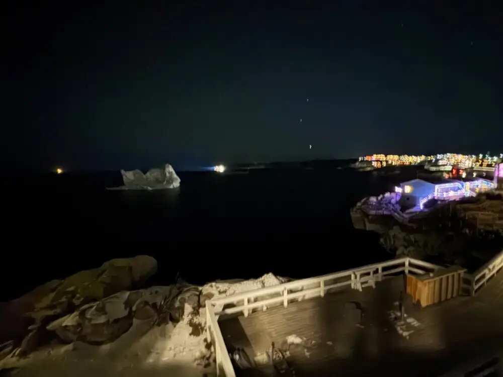 夜の海に浮かぶ巨大な氷山と、海岸線に灯る街の光。